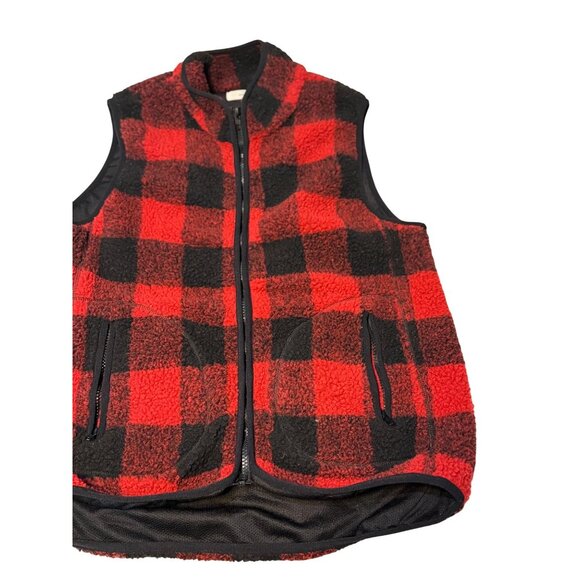 VTG Entro Medium Buffalo Plaid Fleece Vest Red Black Lined Sherpa Full Zip 19x22 - Picture 3 of 7